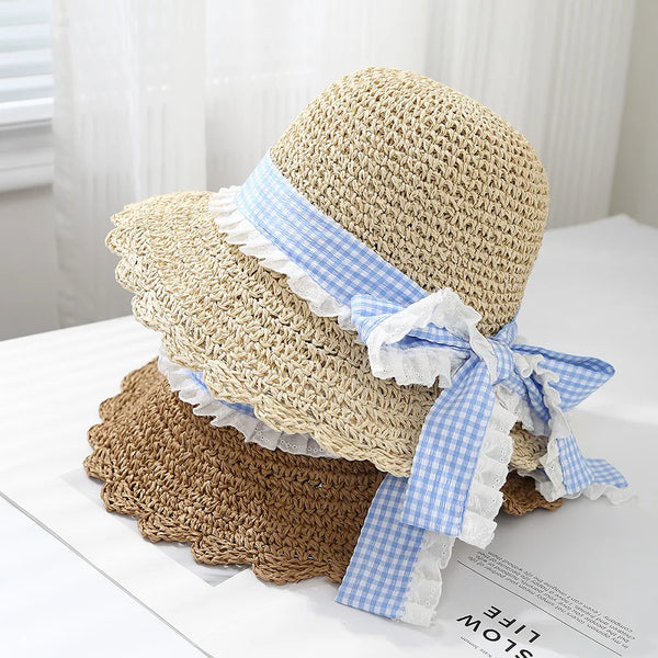 Summer Hats For Women Girls Sweet Bow Plaid Ribbon Sun Hat Beach Accessories Korean Foldable Seaside Holiday Sunhat Bucket Hat