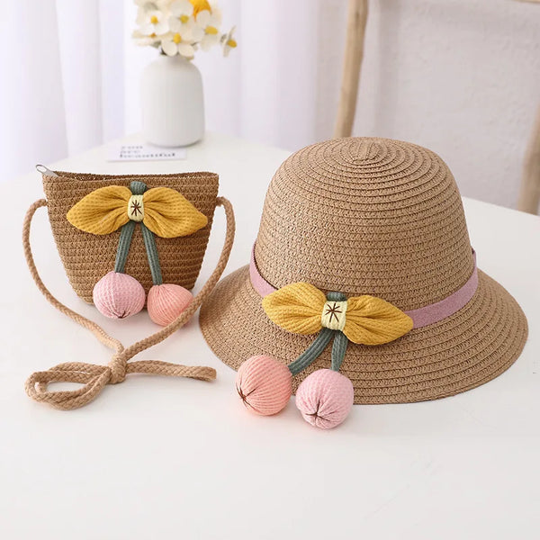 New Summertime Cute Children Straw Hat and Shoulder Bag Girls SummerOutdoor Beach Cap Cute Bow Travel Beach Sun HatCrossbody Bag