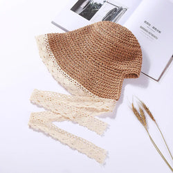 Summer Hats for Women Sun Hat Beach Lace Ribbon Hat Holiday Beach Straw Paper Lady Outdoor Travel Cap Women Bucket Hat Foldable