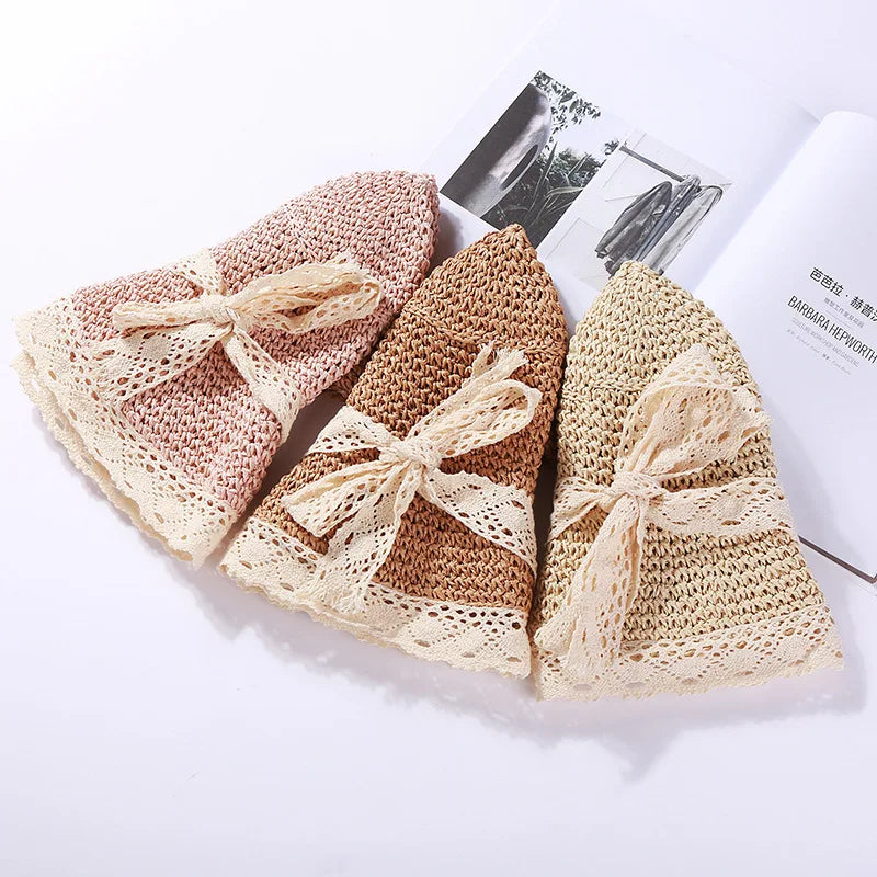 Summer Hats for Women Sun Hat Beach Lace Ribbon Hat Holiday Beach Straw Paper Lady Outdoor Travel Cap Women Bucket Hat Foldable