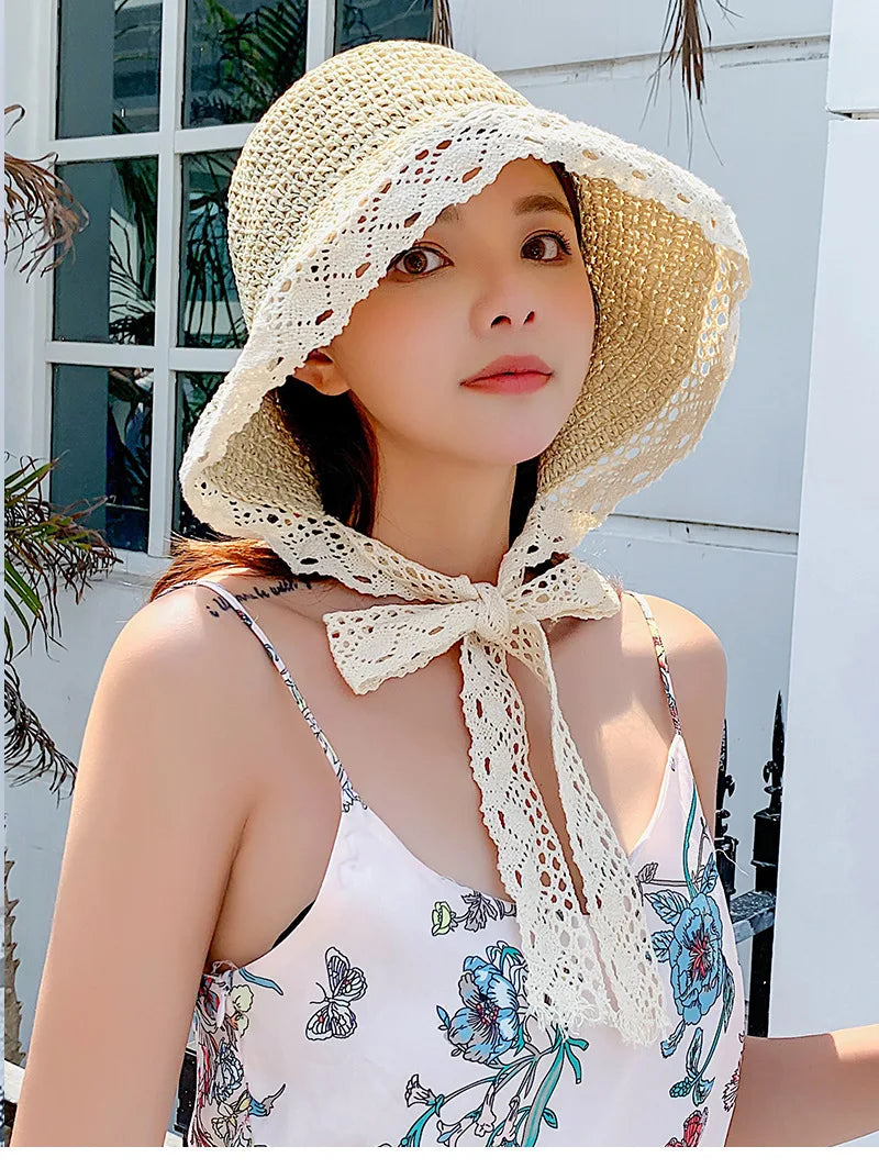 Summer Hats for Women Sun Hat Beach Lace Ribbon Hat Holiday Beach Straw Paper Lady Outdoor Travel Cap Women Bucket Hat Foldable