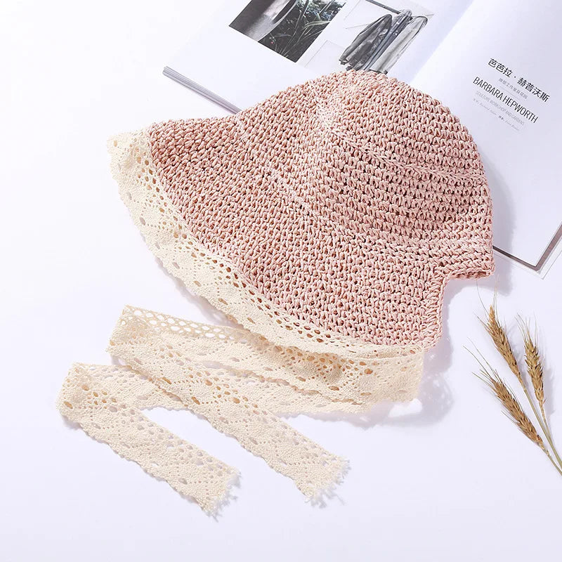 Summer Hats for Women Sun Hat Beach Lace Ribbon Hat Holiday Beach Straw Paper Lady Outdoor Travel Cap Women Bucket Hat Foldable