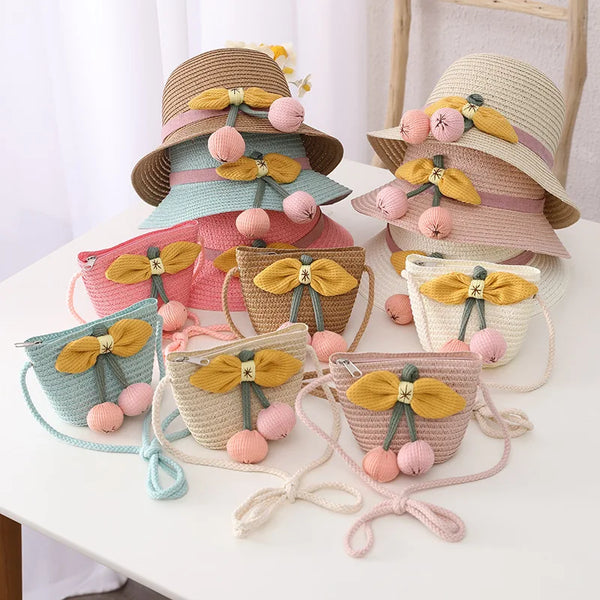 New Summertime Cute Children Straw Hat and Shoulder Bag Girls SummerOutdoor Beach Cap Cute Bow Travel Beach Sun HatCrossbody Bag