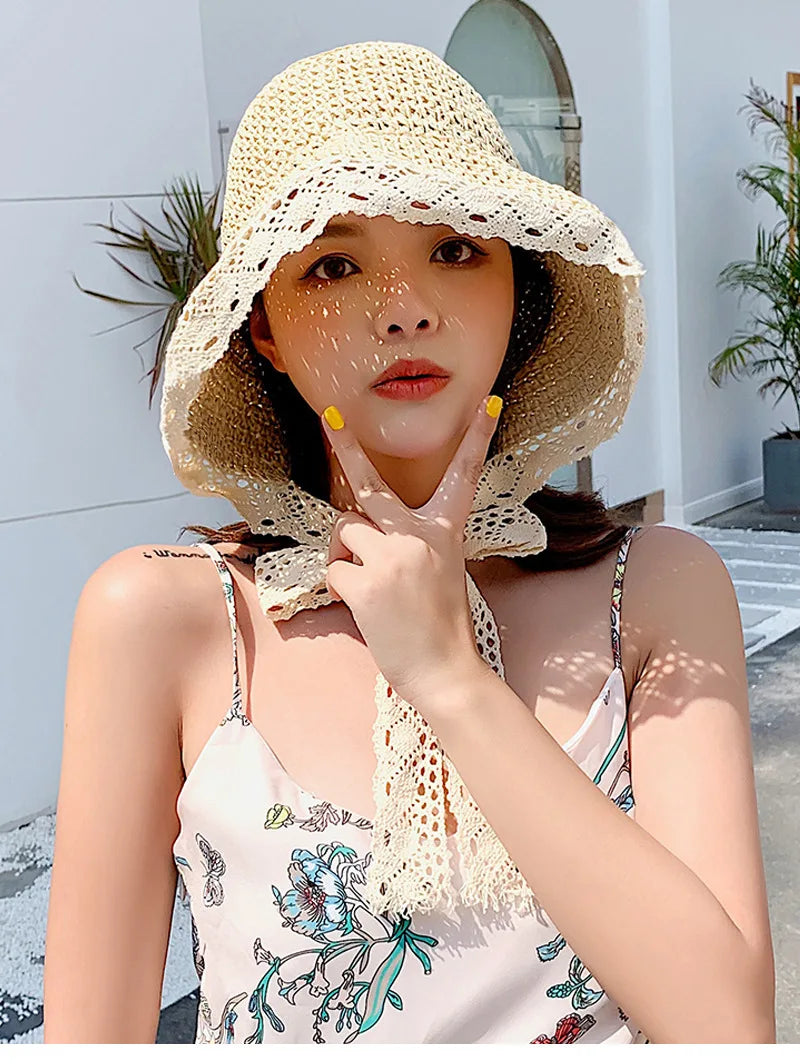 Summer Hats for Women Sun Hat Beach Lace Ribbon Hat Holiday Beach Straw Paper Lady Outdoor Travel Cap Women Bucket Hat Foldable