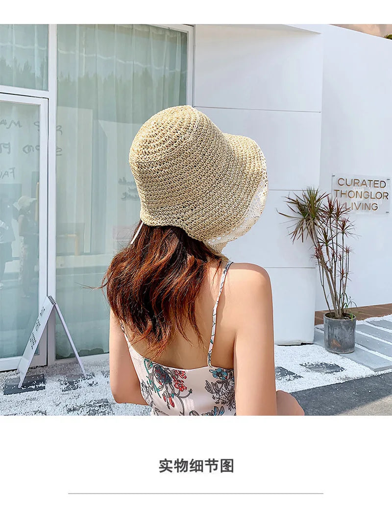 Summer Hats for Women Sun Hat Beach Lace Ribbon Hat Holiday Beach Straw Paper Lady Outdoor Travel Cap Women Bucket Hat Foldable